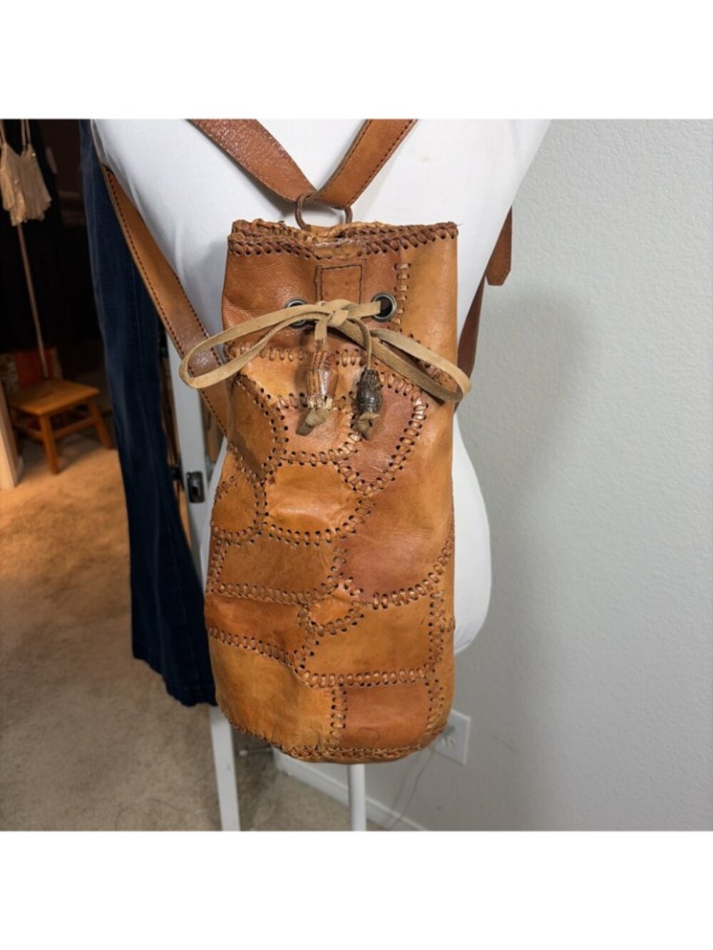 Leather Patchwork Drawstring Boho Artisan Bucket Shoulder CrossBody Bag Purse